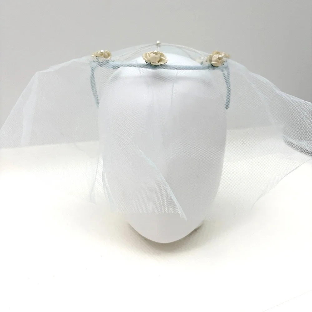 Vintage Birdcage Veil Floral Faux Pearl Wedding Headpiece Blue